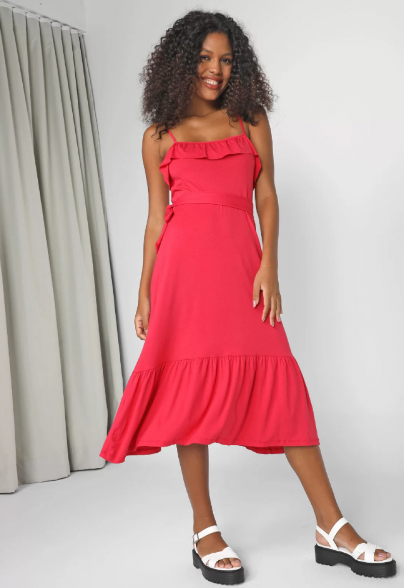 Vestido Fiveblu Midi Babados Vermelho